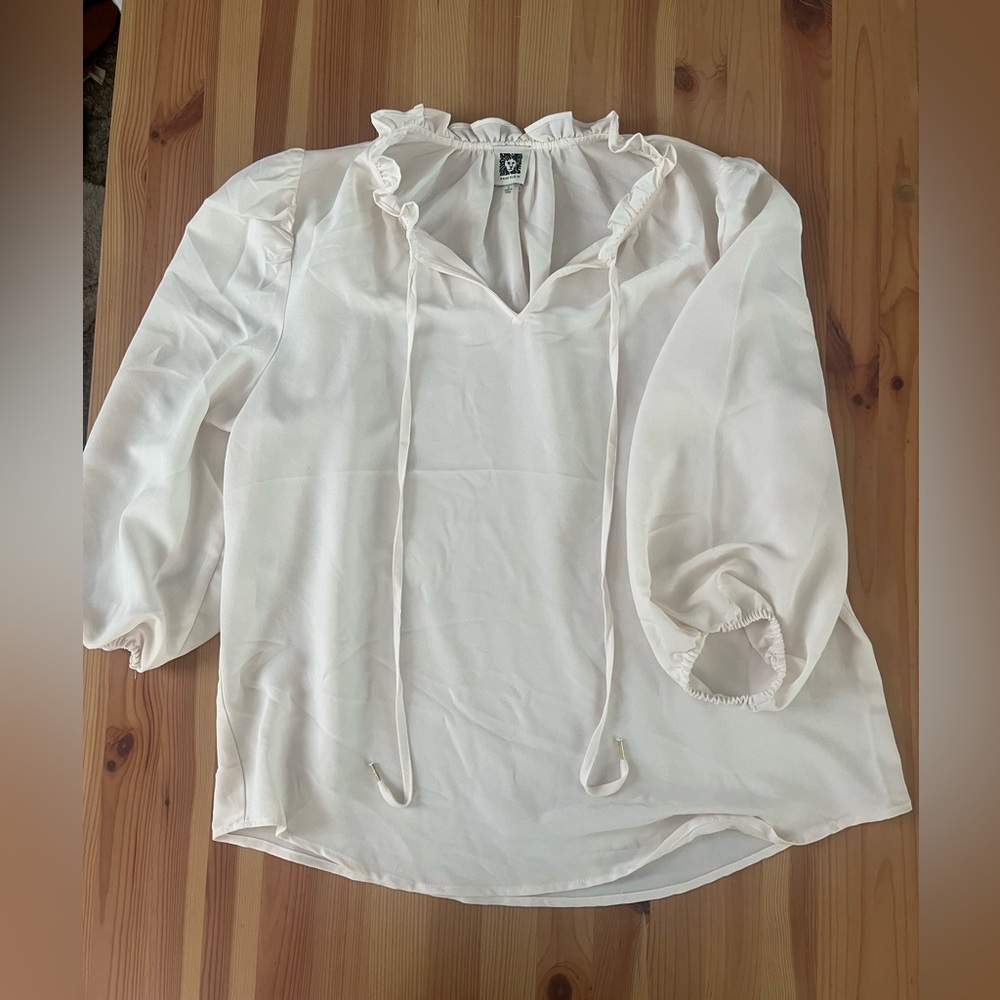 Anne Klein Cream Blouse with Ruffle Neckline and Tie